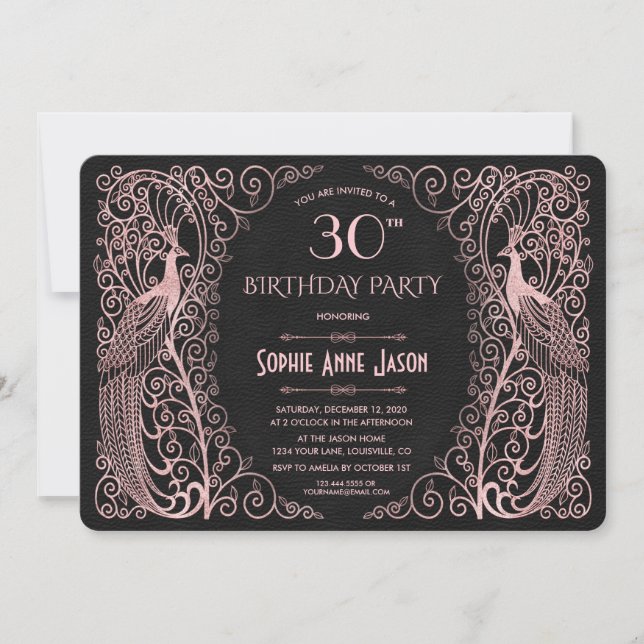 Rose Gold Art Peacocks 30th Birthday Party Invitation (Front)