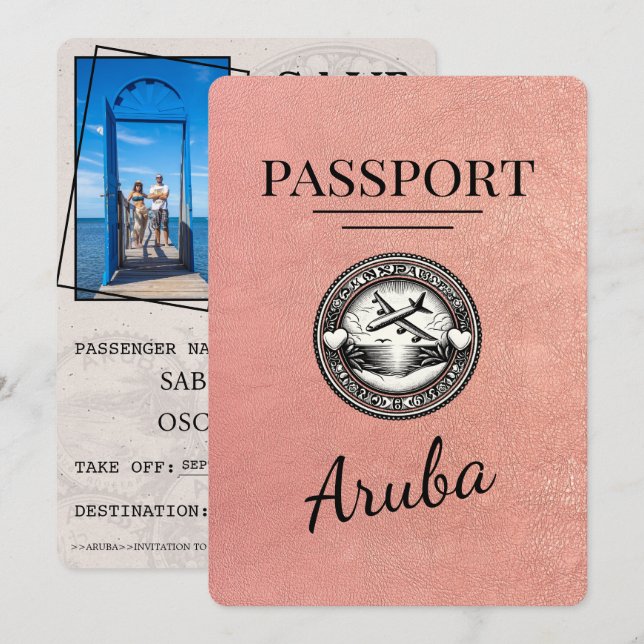 Rose Gold Aruba Passport Save The Date (Front/Back)