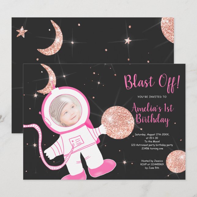 Rose Gold astronaut girl pink 1st birthday party Invitation (Front/Back)