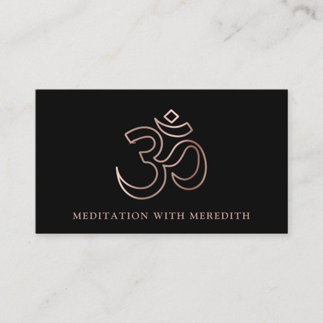 Rose Gold Aum Om Symbol Meditation Teacher Black Business Card (Front)