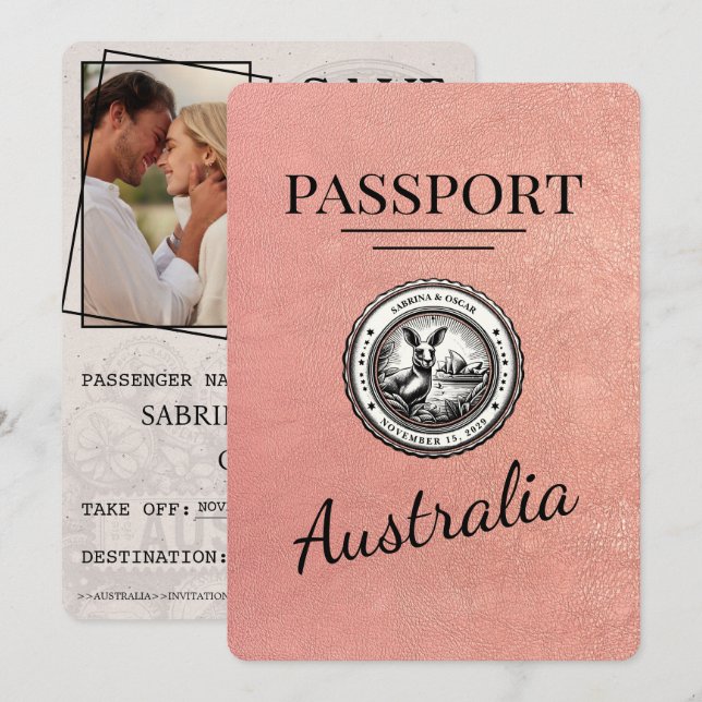 Rose Gold Australia Passport Save The Date (Front/Back)