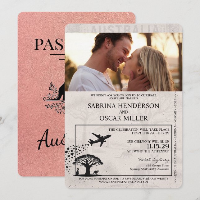 Rose Gold Australia Passport Wedding Invitation (Front/Back)