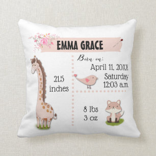 Rose Gold Baby Birth Stats Jungle Animals Nursery Cushion