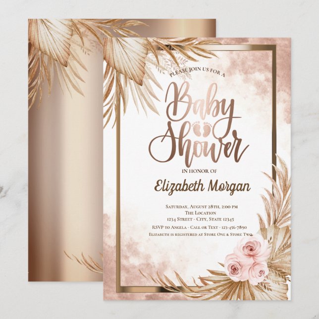  Rose Gold Baby Foots Pampas Roses Baby Shower  Invitation (Front/Back)