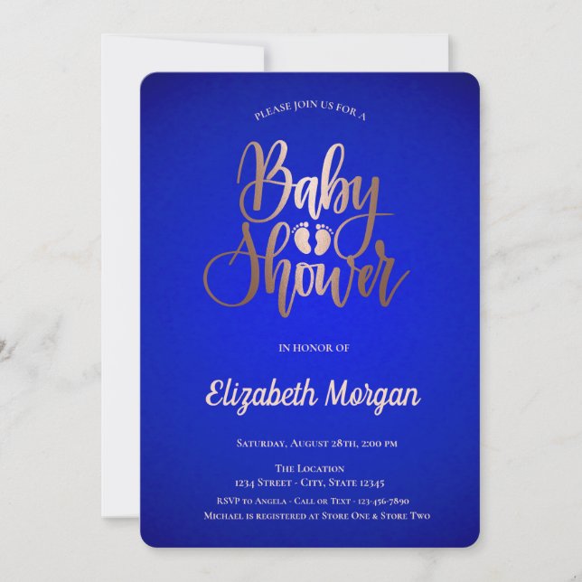Rose Gold Baby Foots Royal Blue Baby Shower Invitation (Front)