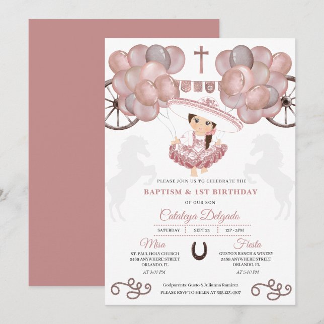 Rose Gold Baby Mexican Charra Balloons Baptism Invitation (Front/Back)