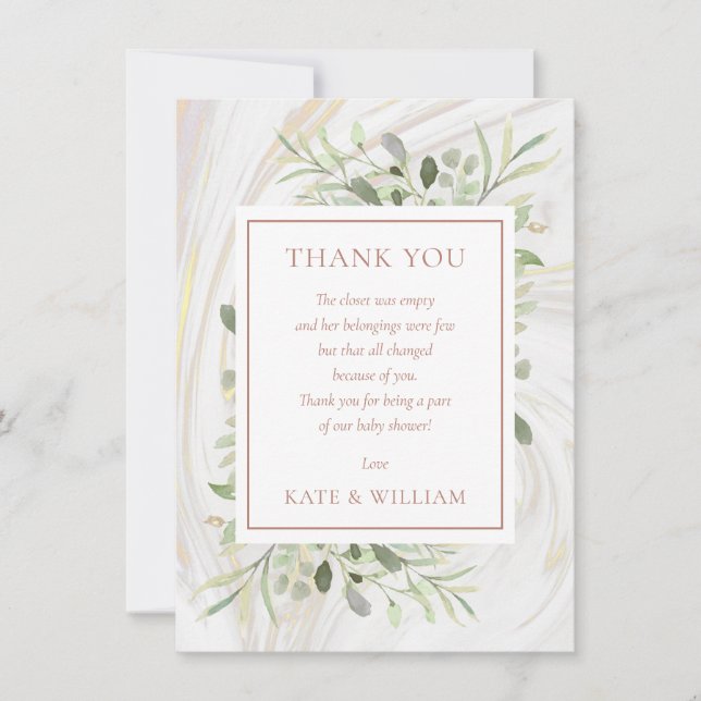 Rose Gold Baby Shower Poem Spring Leaves Greenery Thank You Card (Front)
