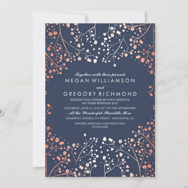 Rose Gold Baby's Breath Floral Navy Modern Wedding Invitation (Front)