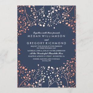 Rose Gold Baby's Breath Floral Navy Modern Wedding Invitation