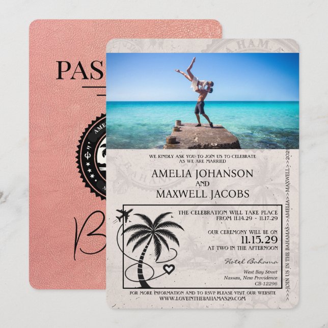 Rose Gold Bahamas Passport Wedding Invitation (Front/Back)