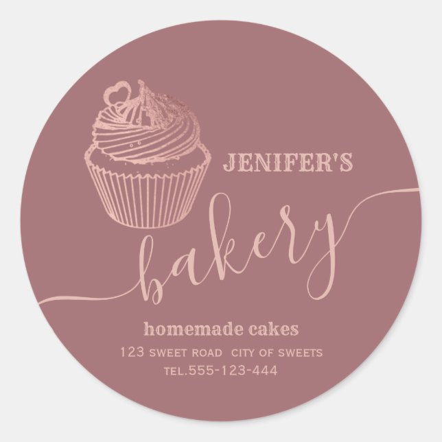 Rose gold bakery Homemade cupcakes and sweets Classic Round Sticker (Front)
