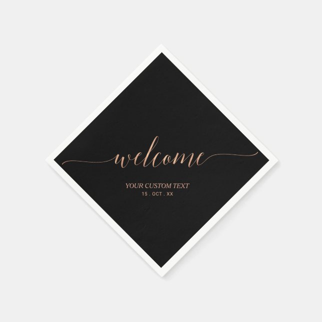 Rose Gold & Balck Elegant Script Welcome Party Napkin (Corner)