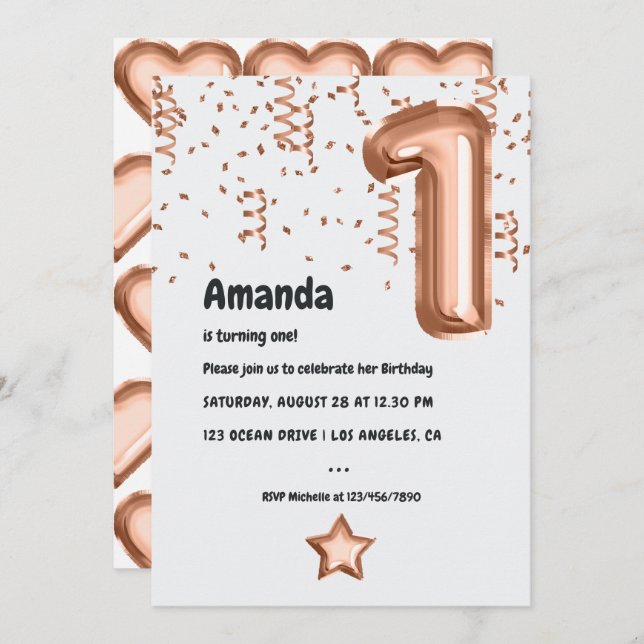 Rose Gold Balloon 1st Birthday Invitation (Front/Back)