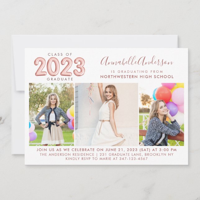 Rose Gold Balloon 2023 Graduate Photo Graduation Announcement (Front)