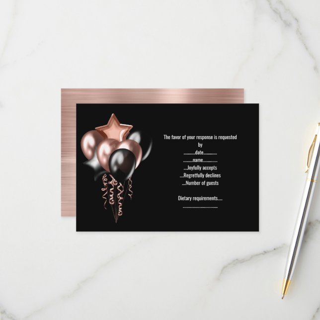 ROSE GOLD BALLOON BLACK METALLIC RESPONSE CARD (Front/Back In Situ)