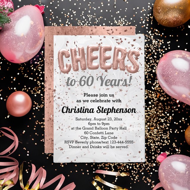 Rose Gold Balloon Cheers to 60 Years 60th Birthday Invitation (cheers to 60 years rose gold glitter 60th birthday party invitation for women)