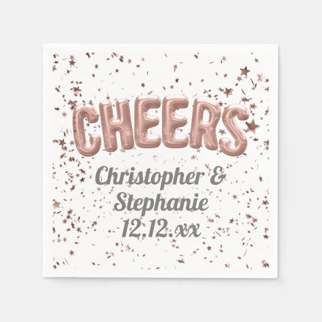 Rose Gold Balloon Confetti Cheers Custom Wedding Napkin (Front)