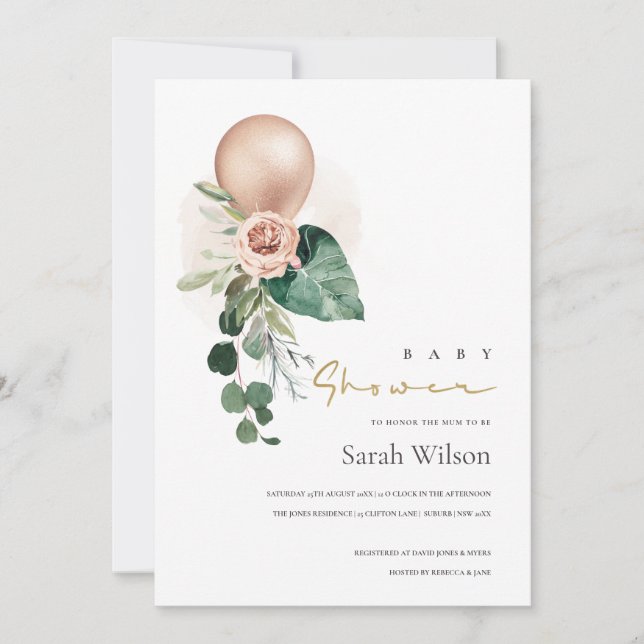 ROSE GOLD BALLOON FLORAL BUNCH BABY SHOWER INVITE (Front)