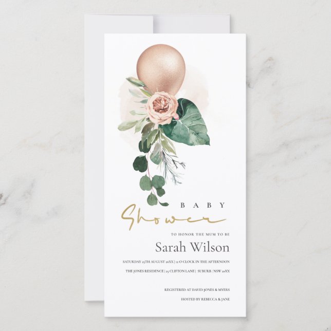 ROSE GOLD BALLOON FLORAL BUNCH BABY SHOWER INVITE (Front)