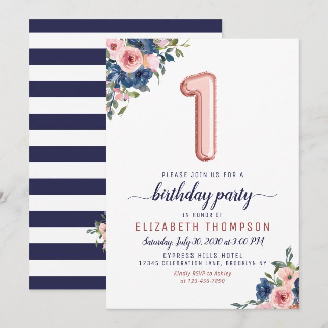 Rose Gold Balloon Floral Navy Blush 1st Birthday Invitation (Front/Back)