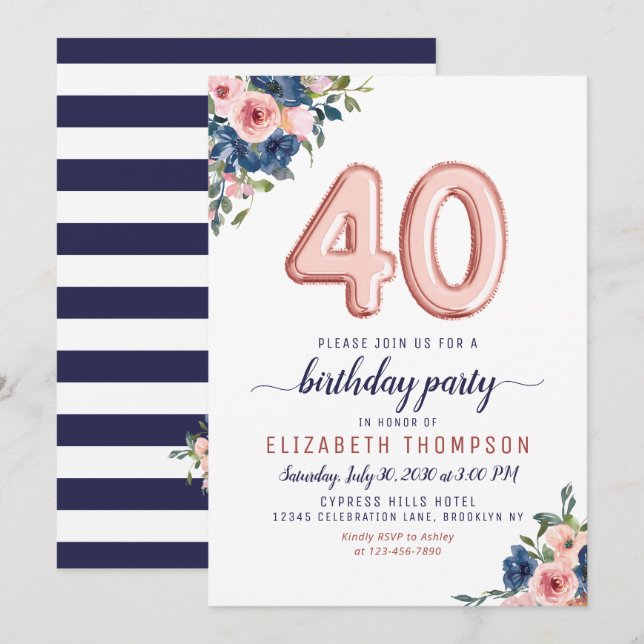 Rose Gold Balloon Floral Navy Blush 40th Birthday Invitation (Front/Back)