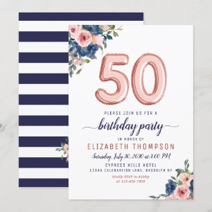 Rose Gold Balloon Floral Navy Blush 50th Birthday Invitation