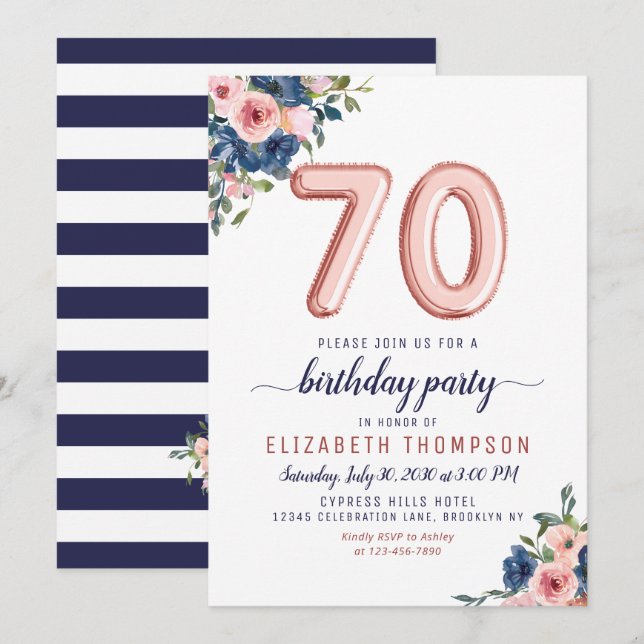 Rose Gold Balloon Floral Navy Blush 70th Birthday Invitation (Front/Back)