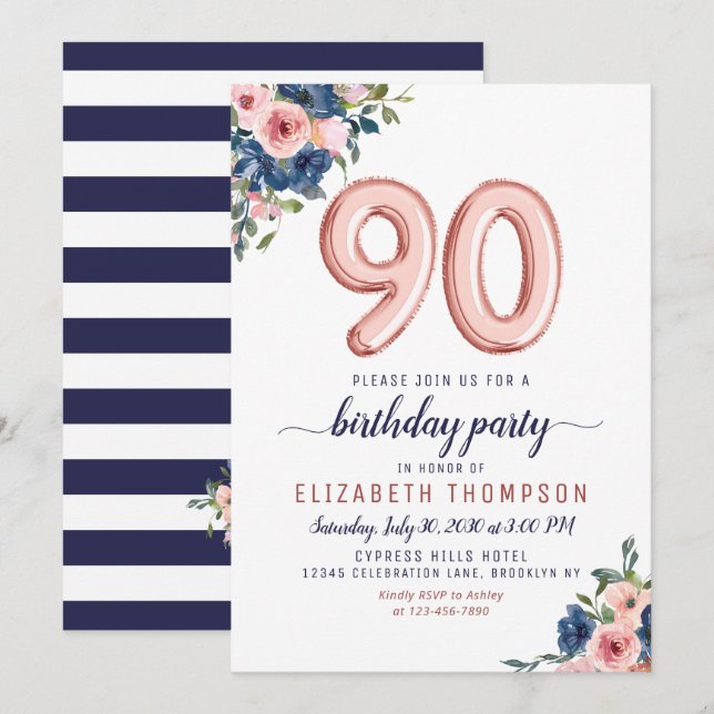 Rose Gold Balloon Floral Navy Blush 90th Birthday Invitation (Front/Back)
