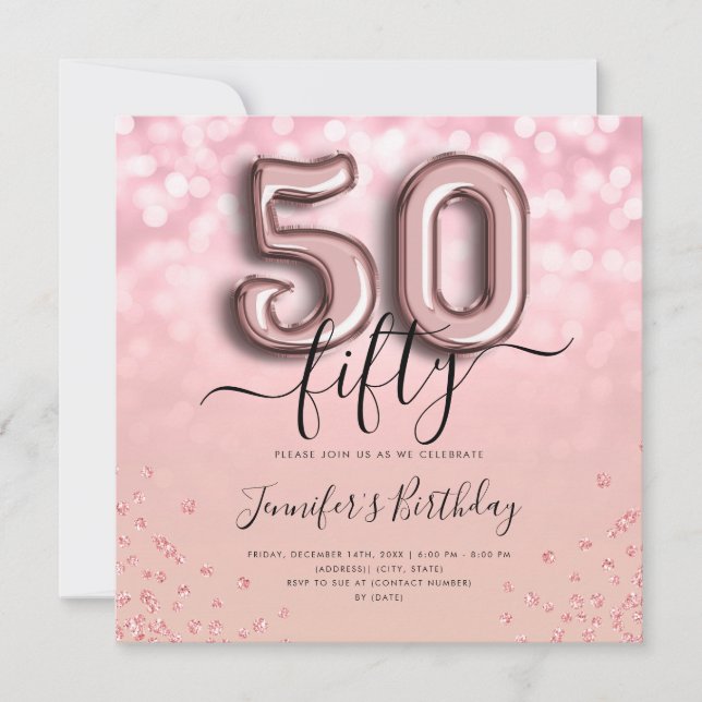 Rose Gold Balloon Glitter 50th Birthday Invite (Front)