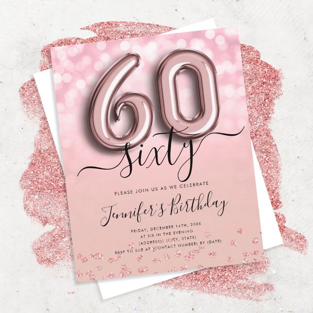 Rose Gold Balloon Glitter 60th Birthday Invite (Creator Uploaded)