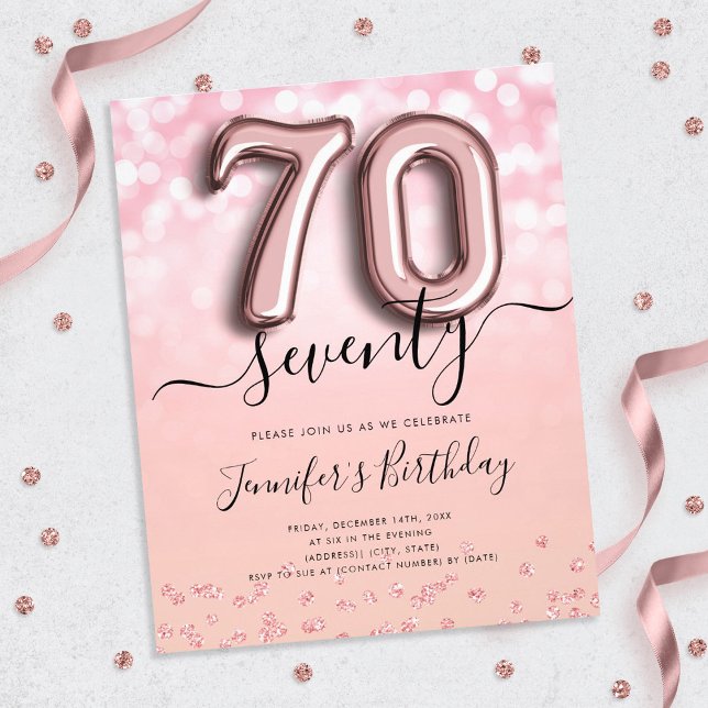 Rose Gold Balloon Glitter 70th Birthday Invite Flyer (Creator Uploaded)
