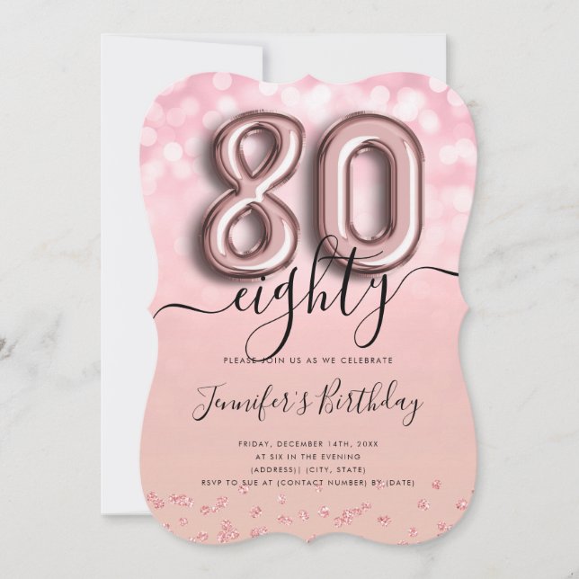 Rose Gold Balloon Glitter 80th Birthday Invite (Front)
