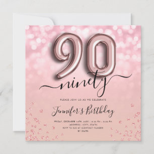 Rose Gold Balloon Glitter 90th Birthday Invite