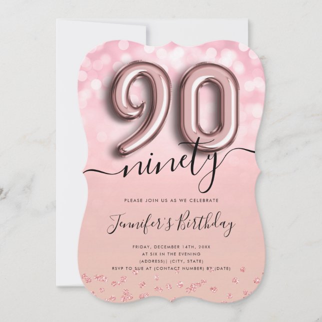 Rose Gold Balloon Glitter 90th Birthday Invite (Front)