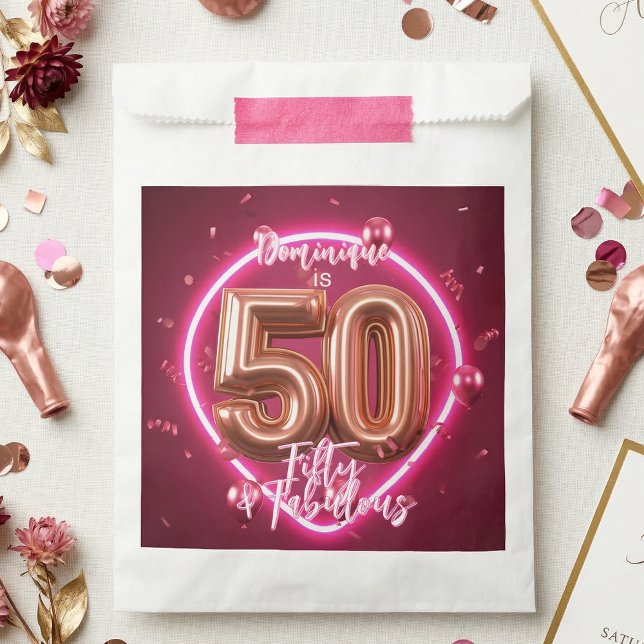 Rose Gold Balloon Neon Hot Pink 50th Birthday Favour Bags (Creator Uploaded)