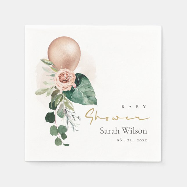 ROSE GOLD BALLOON PEACH FLORAL BUNCH BABY SHOWER NAPKIN (Front)