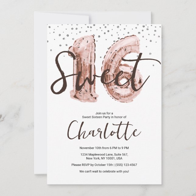 Rose Gold Balloon Silver Glitter Sweet 16 Party  Invitation (Front)