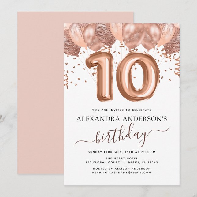 Rose Gold Balloons 10th Birthday Party Confetti Invitation (Front/Back)