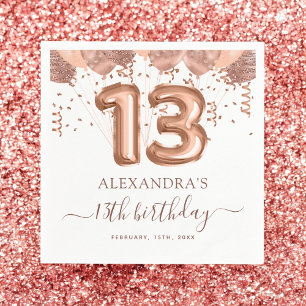 Rose Gold Balloons 13th Birthday Party Napkin