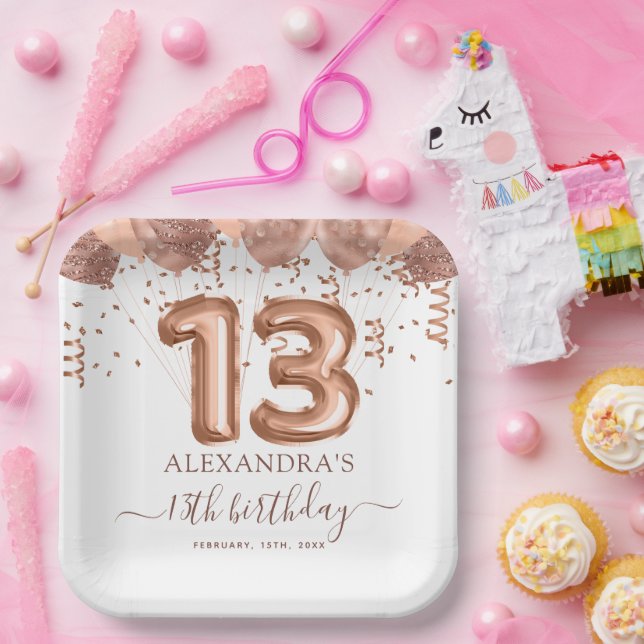 Rose Gold Balloons 13th Birthday Party Paper Plate (Party)