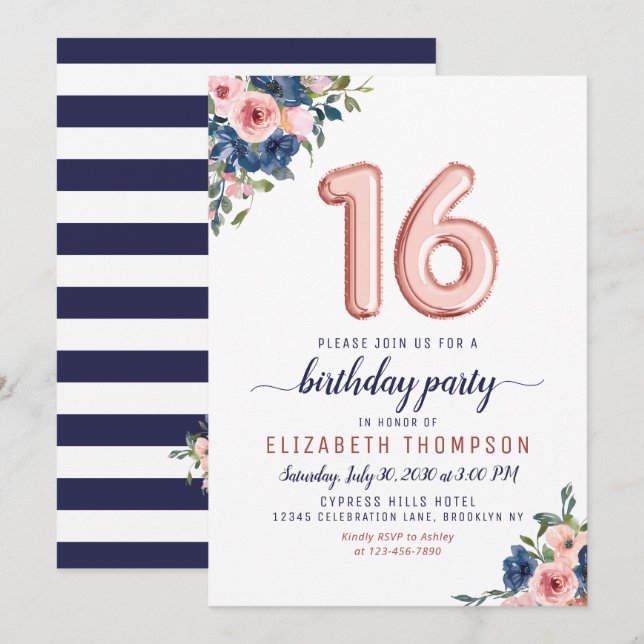 Rose Gold Balloons 16th Birthday Floral Navy Blush Invitation (Front/Back)