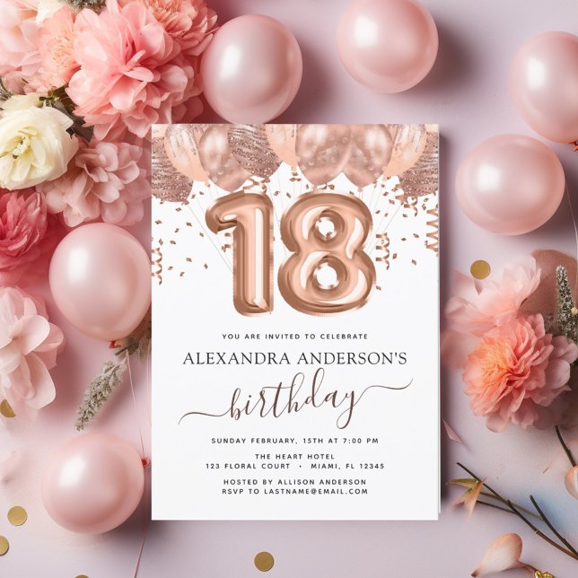 Rose Gold Balloons 18th Birthday Party Invitation (Creator Uploaded)