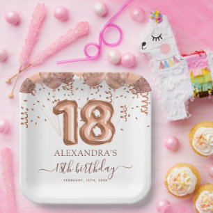 Rose Gold Balloons 18th Birthday Party Paper Plate