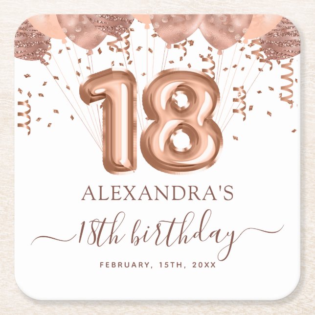 Rose Gold Balloons 18th Birthday Party Square Paper Coaster (Front)