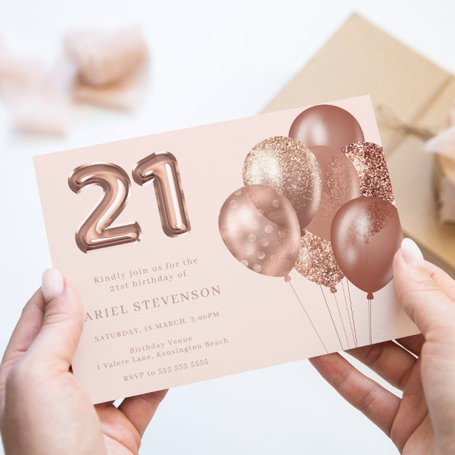 Rose Gold Balloons 21st Birthday Party Invitation (Creator Uploaded)
