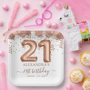 Rose Gold Balloons 21st Birthday Party Paper Plate