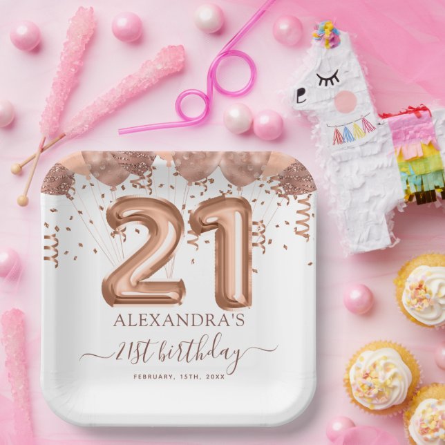 Rose Gold Balloons 21st Birthday Party Paper Plate (Party)