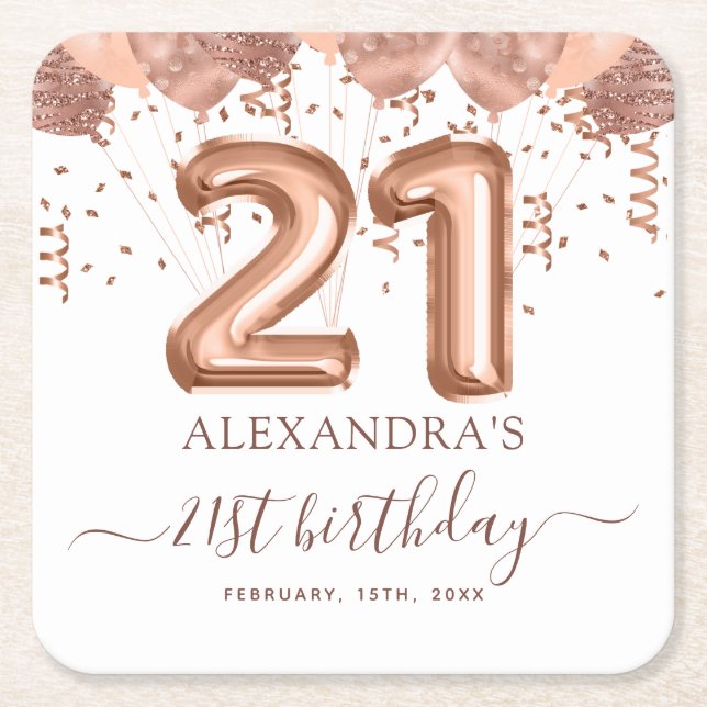 Rose Gold Balloons 21st Birthday Party Square Paper Coaster (Front)
