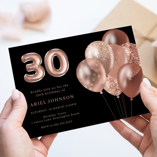 Rose Gold Balloons 30th Birthday Party Black Invitation (Creator Uploaded)