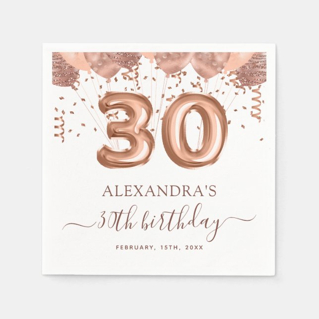 Rose Gold Balloons 30th Birthday Party Napkin (Front)